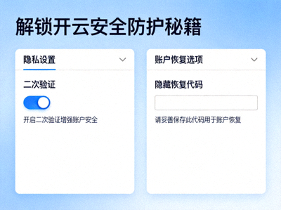 解锁开云安全防护秘籍：隐私设置与账户恢复选项界面，显示二次验证与隐藏恢复代码