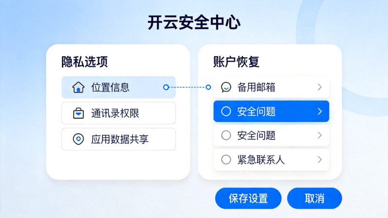 开云安全防护设置界面截图，包含隐私选项与账户恢复隐藏菜单