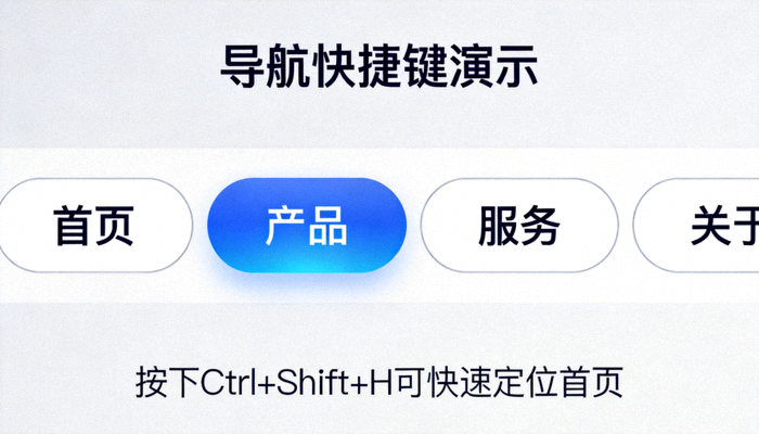 开云官网导航快捷键演示界面，显示按下Ctrl+Shift+H后高亮首页按钮
