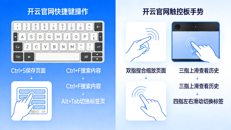 开云官网快捷键与手势操作示意图，包含键盘与触控板组合图示