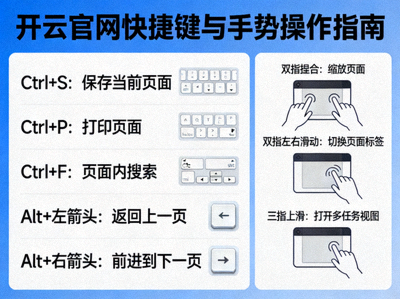 开云官网快捷键与手势操作示意图，包含键盘快捷键列表与触控板手势演示