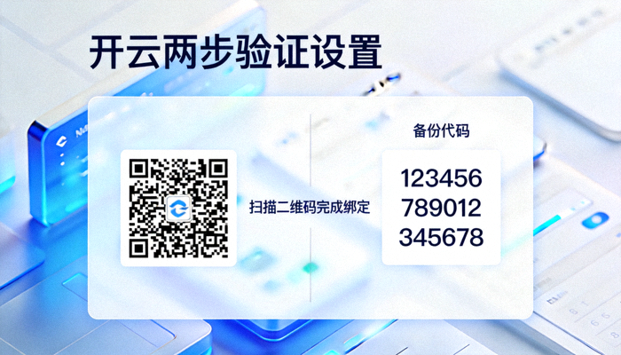开云两步验证设置页面，显示二维码与备份代码区域