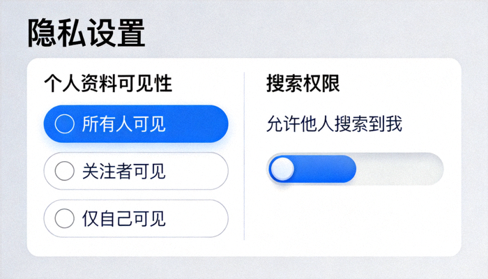 开云隐私设置面板，展示个人资料可见性选项与搜索权限开关