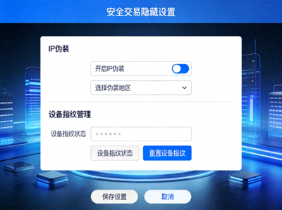 安全交易隐藏设置界面，包含IP伪装与设备指纹管理选项