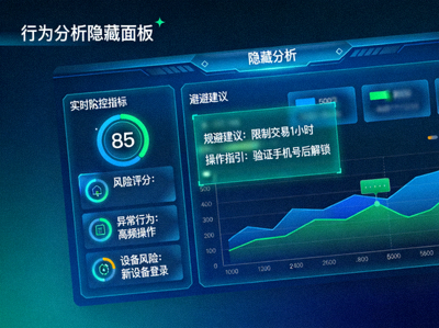 行为分析隐藏面板截图，显示实时风控指标与规避建议