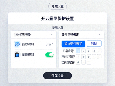 开云登录保护隐藏设置界面，展示生物识别与硬件密钥绑定选项
