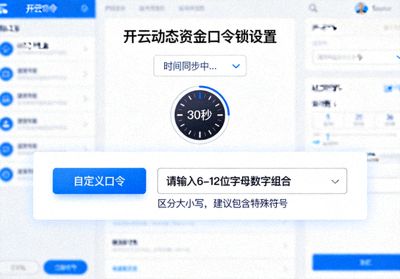 开云动态资金口令锁设置界面，包含时间同步令牌与自定义口令输入框
