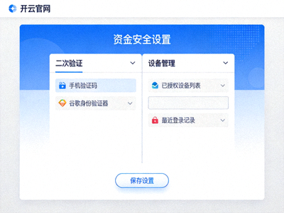 开云官网资金安全设置主面板，包含二次验证与设备管理选项的截图