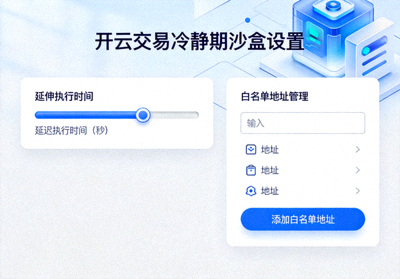 开云交易冷静期沙盒设置，包含延迟执行时间滑块与白名单地址管理