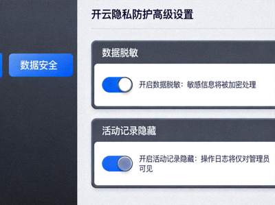 开云隐私防护高级设置页面，包含数据脱敏与活动记录隐藏开关