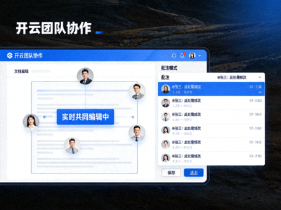 开云团队协作隐藏功能界面，显示实时共同编辑与批注模式
