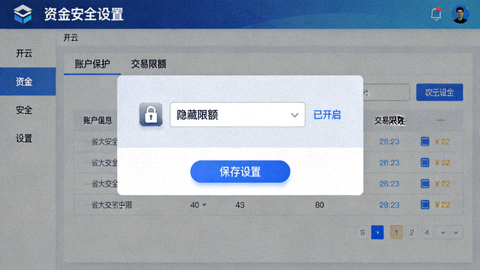 开云资金安全设置页面截图，突出显示隐藏限额功能选项